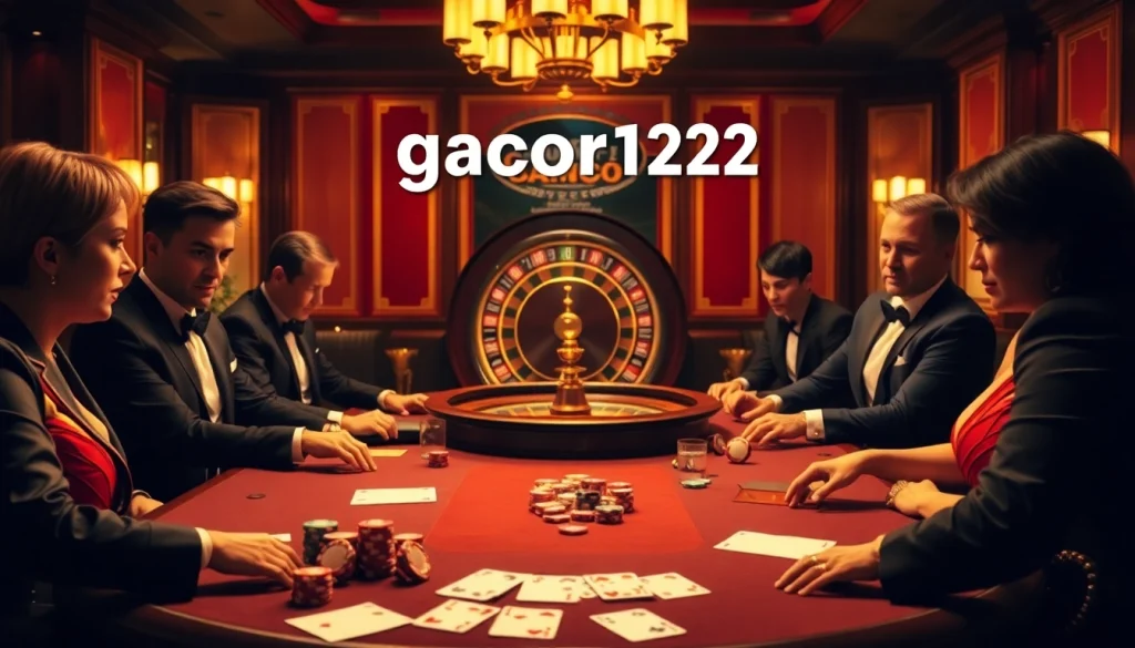Exciting poker game at a luxury casino featuring gacor123 chips and a roulette wheel.